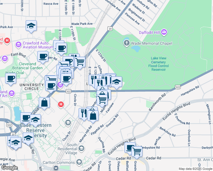 map of restaurants, bars, coffee shops, grocery stores, and more near 1973 East 123rd Street in Cleveland
