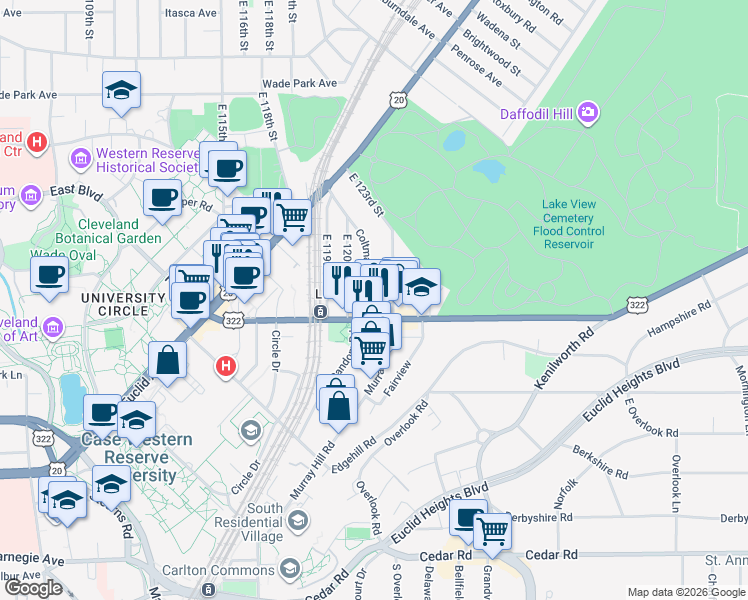 map of restaurants, bars, coffee shops, grocery stores, and more near in Cleveland