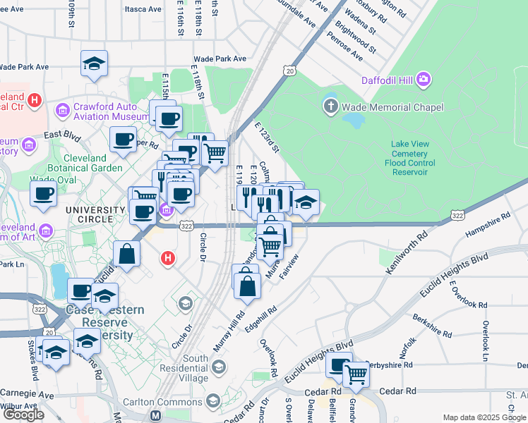 map of restaurants, bars, coffee shops, grocery stores, and more near in Cleveland