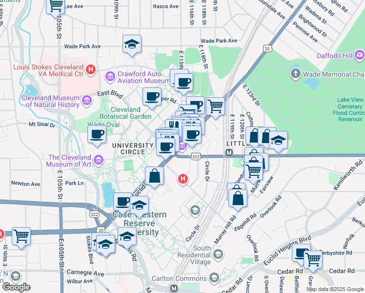 map of restaurants, bars, coffee shops, grocery stores, and more near 11431 Euclid Avenue in Cleveland
