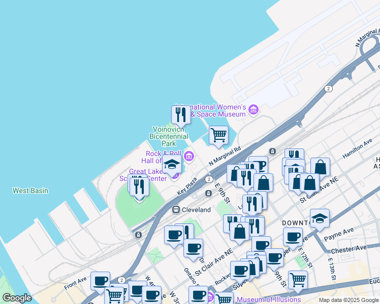map of restaurants, bars, coffee shops, grocery stores, and more near 940-1058 E 9th St in Cleveland