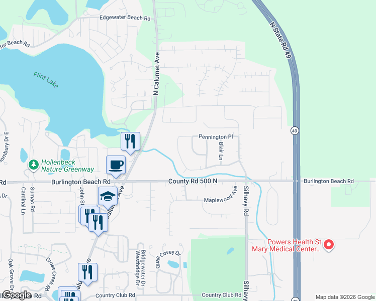 map of restaurants, bars, coffee shops, grocery stores, and more near 4502 Kilchurn Circle in Valparaiso