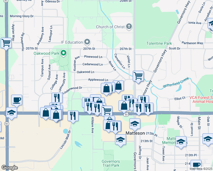 map of restaurants, bars, coffee shops, grocery stores, and more near 4131 Applewood Lane in Matteson