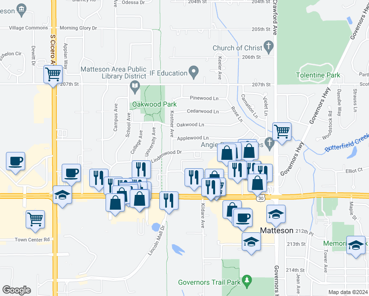 map of restaurants, bars, coffee shops, grocery stores, and more near 4325 Applewood Lane in Matteson