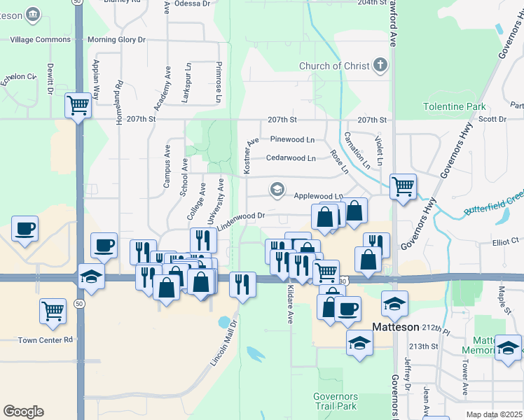 map of restaurants, bars, coffee shops, grocery stores, and more near 4325 Applewood Lane in Matteson