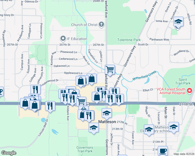 map of restaurants, bars, coffee shops, grocery stores, and more near 4041 Lindenwood Drive in Matteson