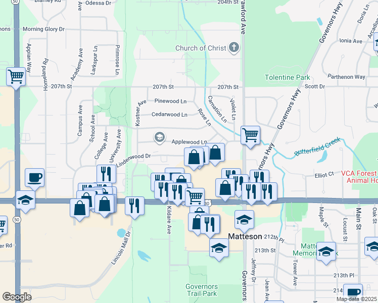 map of restaurants, bars, coffee shops, grocery stores, and more near 4202 Lindenwood Drive in Matteson