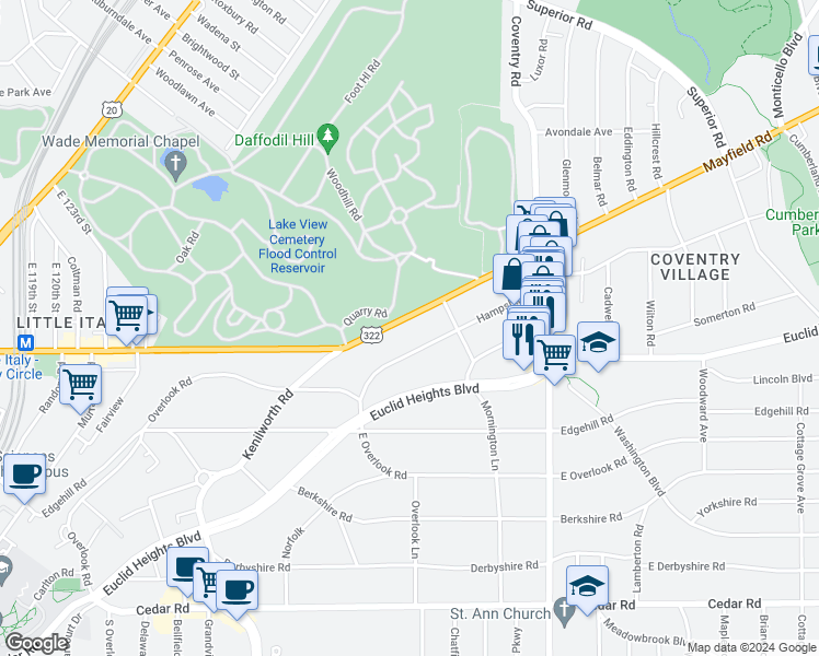 map of restaurants, bars, coffee shops, grocery stores, and more near 2660 Mayfield Road in Cleveland Heights