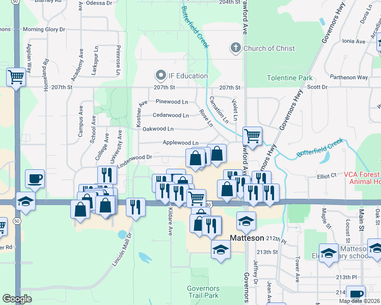 map of restaurants, bars, coffee shops, grocery stores, and more near 4213 Applewood Lane in Matteson