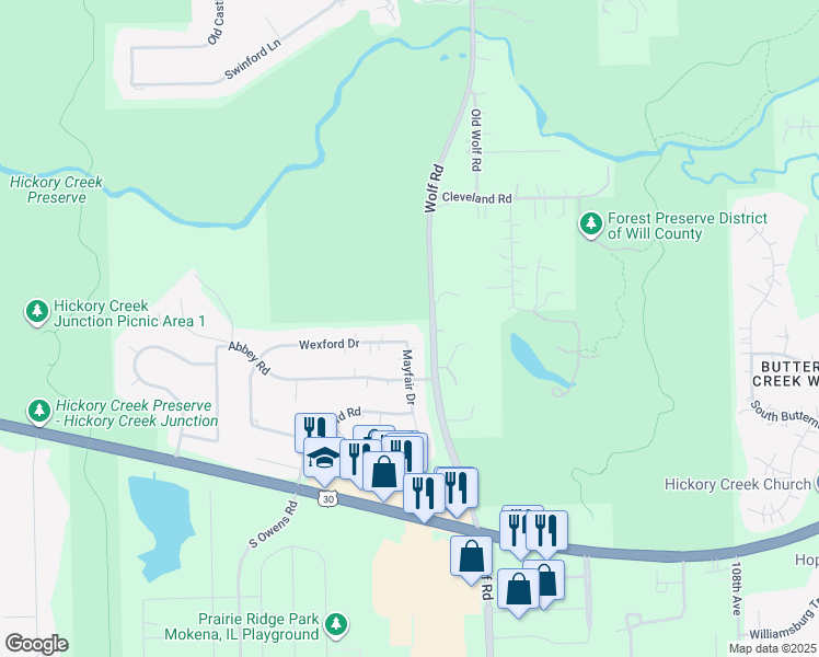 map of restaurants, bars, coffee shops, grocery stores, and more near 11222 Wexford Drive in Mokena