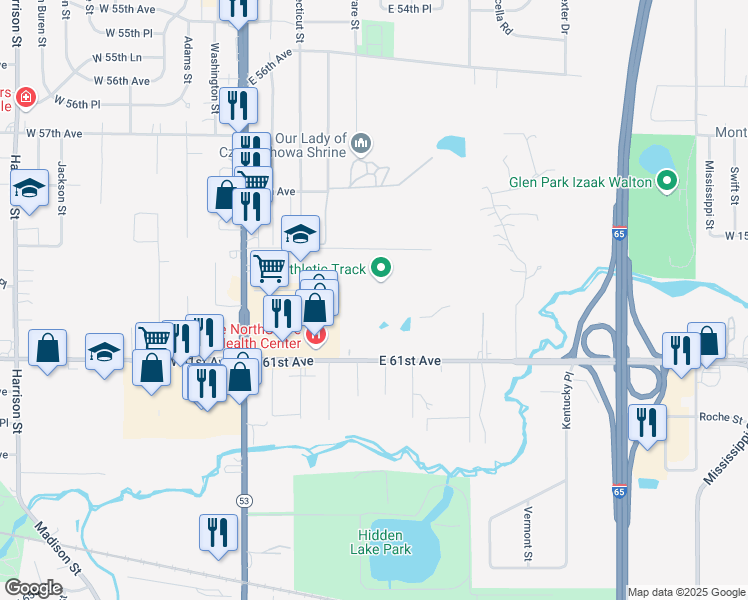 map of restaurants, bars, coffee shops, grocery stores, and more near 369 East 59th Place in Merrillville