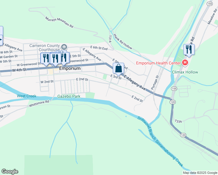 map of restaurants, bars, coffee shops, grocery stores, and more near 400 East 2nd Street in Emporium
