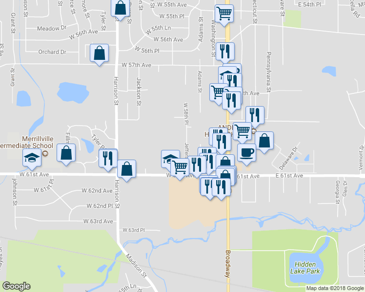 map of restaurants, bars, coffee shops, grocery stores, and more near 5954 Jefferson Street in Merrillville