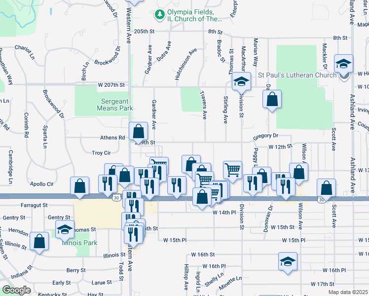 map of restaurants, bars, coffee shops, grocery stores, and more near 1246 Hilltop Avenue in Chicago Heights
