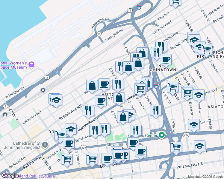 map of restaurants, bars, coffee shops, grocery stores, and more near 2222 Saint Clair Avenue Northeast in Cleveland