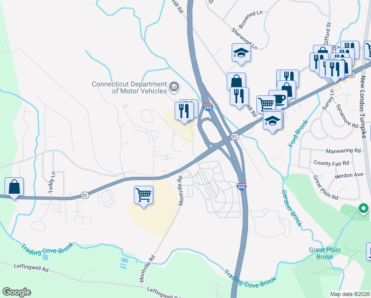 map of restaurants, bars, coffee shops, grocery stores, and more near 188 Sheraton Lane in Norwich