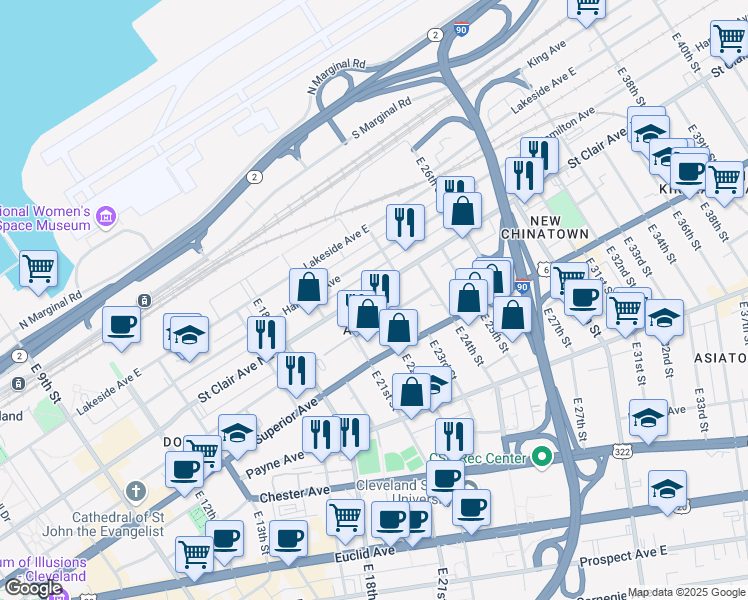 map of restaurants, bars, coffee shops, grocery stores, and more near 2222 Saint Clair Avenue Northeast in Cleveland