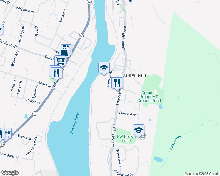 map of restaurants, bars, coffee shops, grocery stores, and more near 19 Thermos Avenue in Norwich