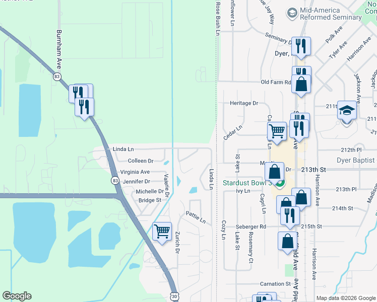 map of restaurants, bars, coffee shops, grocery stores, and more near 497 Linda Lane in Chicago Heights