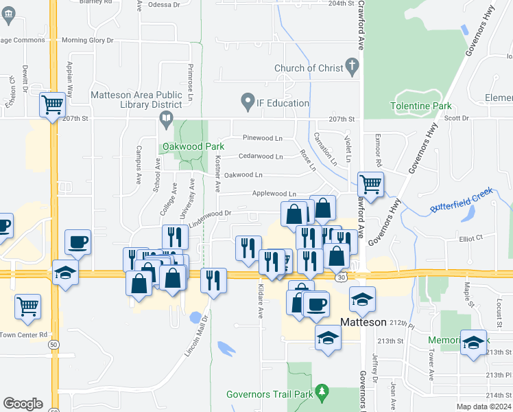 map of restaurants, bars, coffee shops, grocery stores, and more near 4242 Lindenwood Drive in Matteson