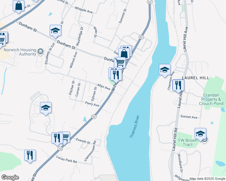 map of restaurants, bars, coffee shops, grocery stores, and more near West Thames Street & Allyn Avenue in Norwich