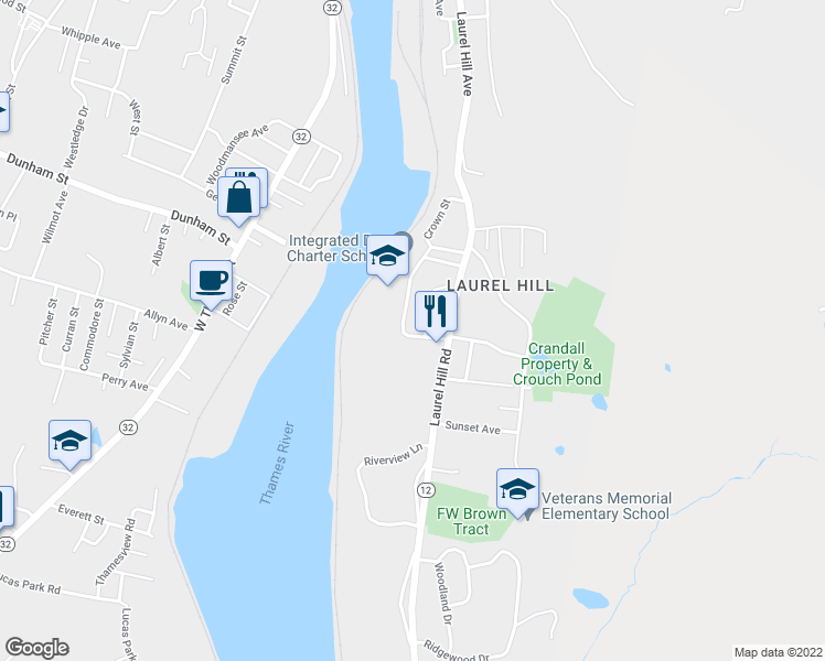 map of restaurants, bars, coffee shops, grocery stores, and more near 23 Thermos Avenue in Norwich