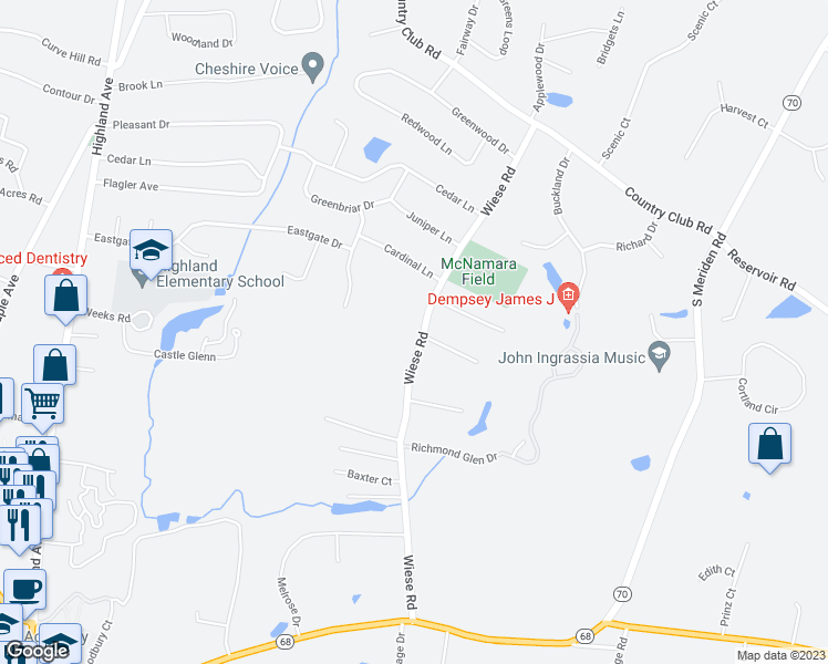map of restaurants, bars, coffee shops, grocery stores, and more near 375 Wiese Road in Cheshire