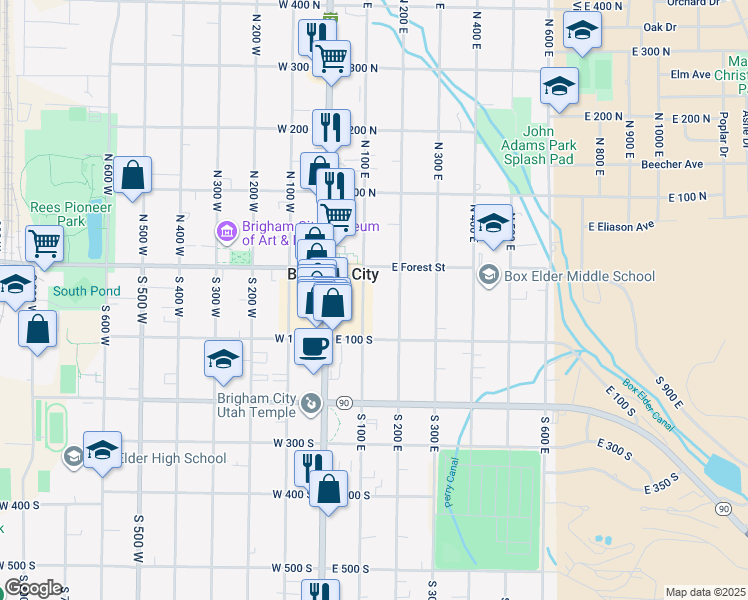 map of restaurants, bars, coffee shops, grocery stores, and more near 45 South 100 East in Brigham City