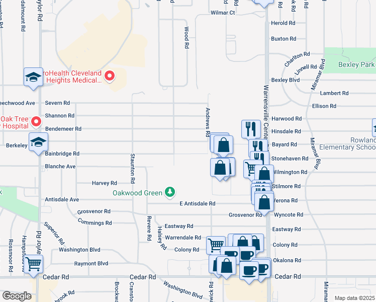 map of restaurants, bars, coffee shops, grocery stores, and more near 3805 Bainbridge Road in Cleveland Heights