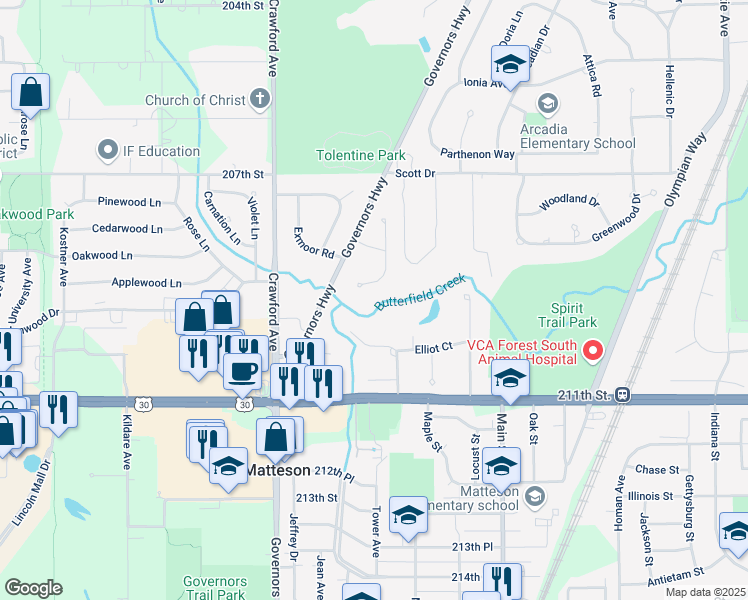 map of restaurants, bars, coffee shops, grocery stores, and more near 896 Woodstock Road in Olympia Fields