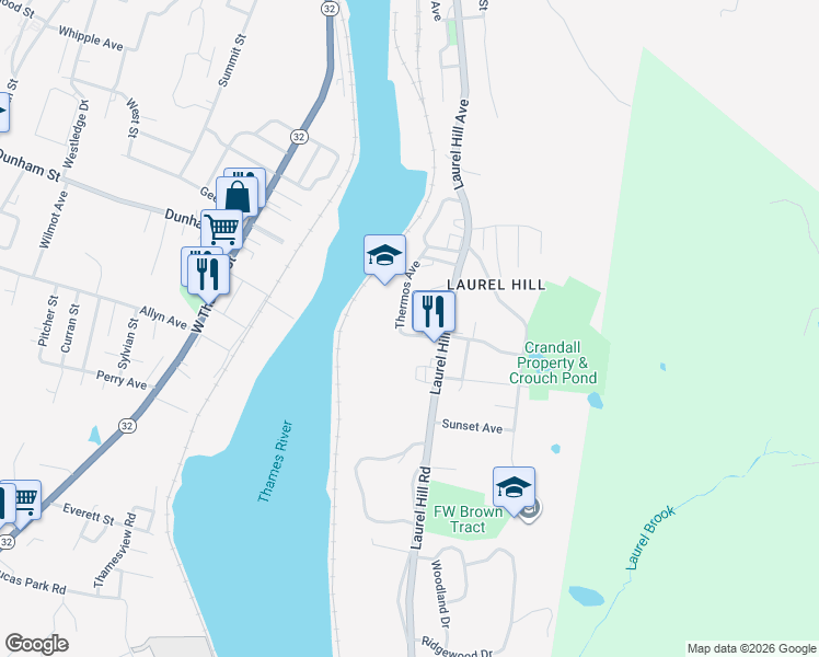 map of restaurants, bars, coffee shops, grocery stores, and more near 23 Thermos Avenue in Norwich