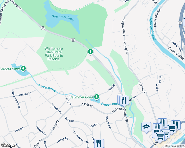 map of restaurants, bars, coffee shops, grocery stores, and more near 69 Ridge Road in Naugatuck
