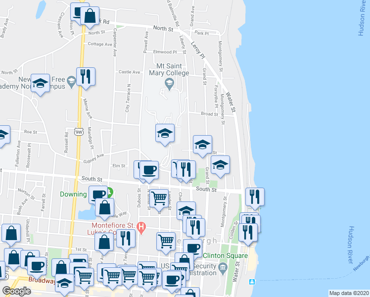 map of restaurants, bars, coffee shops, grocery stores, and more near 112 Clinton Street in Newburgh