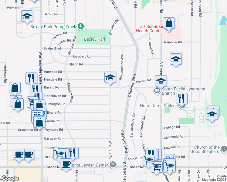 map of restaurants, bars, coffee shops, grocery stores, and more near 4300 Bayard Road in South Euclid