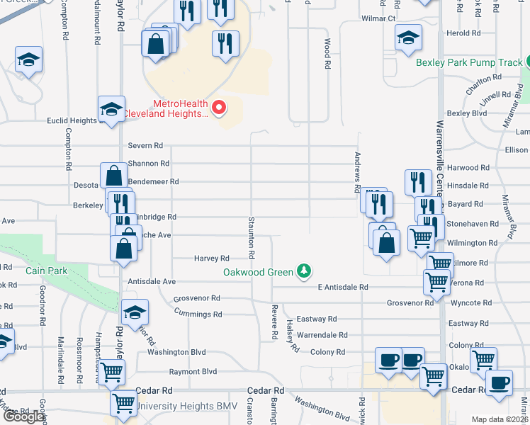 map of restaurants, bars, coffee shops, grocery stores, and more near 3687 Bainbridge Road in Cleveland Heights
