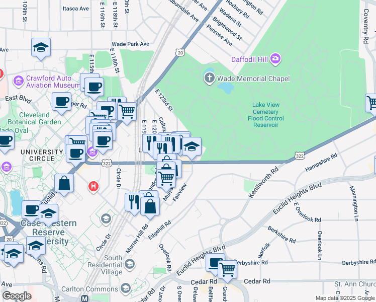 map of restaurants, bars, coffee shops, grocery stores, and more near 1973 East 123rd Street in Cleveland
