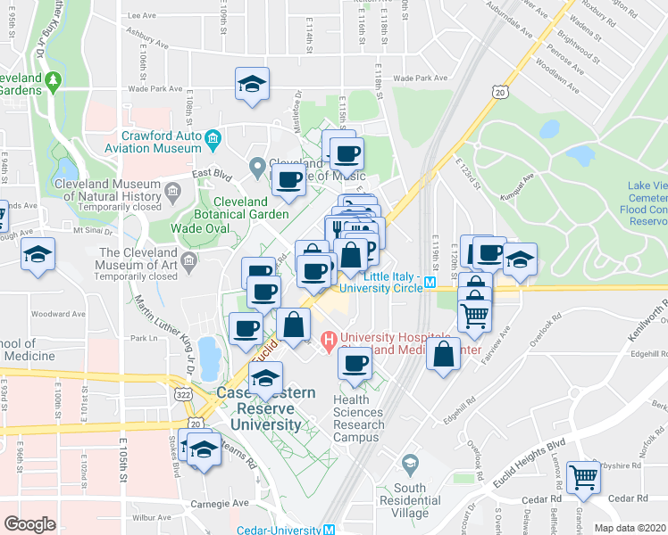 map of restaurants, bars, coffee shops, grocery stores, and more near 11431 Euclid Avenue in Cleveland
