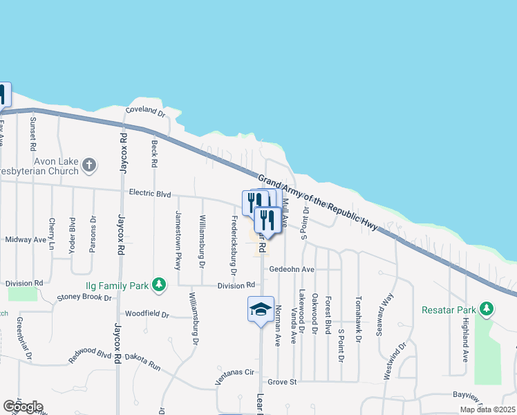 map of restaurants, bars, coffee shops, grocery stores, and more near 126 Lear Road in Avon Lake