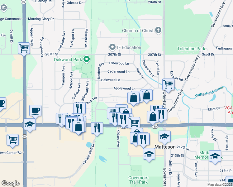 map of restaurants, bars, coffee shops, grocery stores, and more near 4242 Lindenwood Drive in Matteson