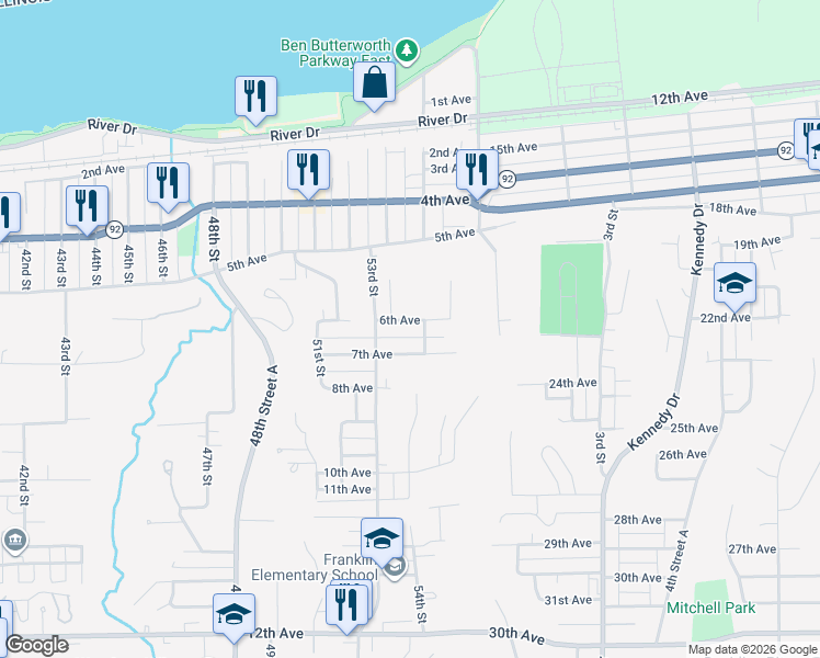 map of restaurants, bars, coffee shops, grocery stores, and more near 5334 6th Avenue in Moline