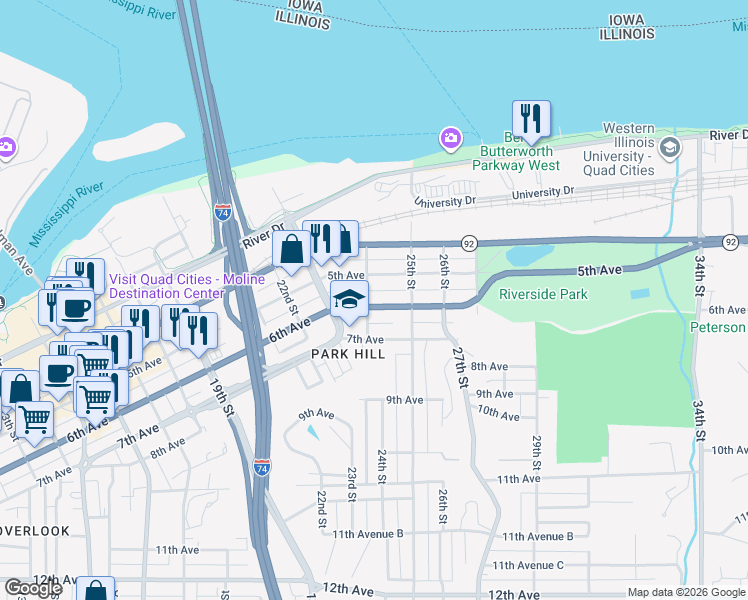 map of restaurants, bars, coffee shops, grocery stores, and more near 2317 6th St in Moline