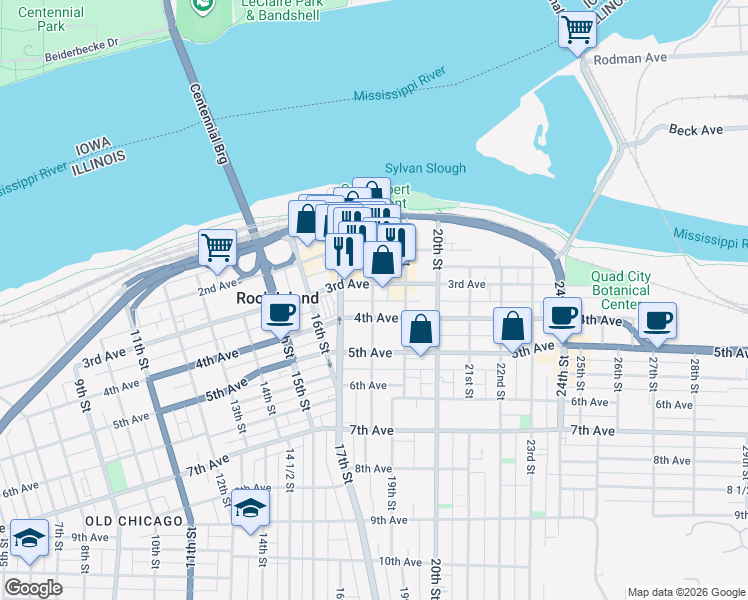 map of restaurants, bars, coffee shops, grocery stores, and more near 313 18th Street in Rock Island