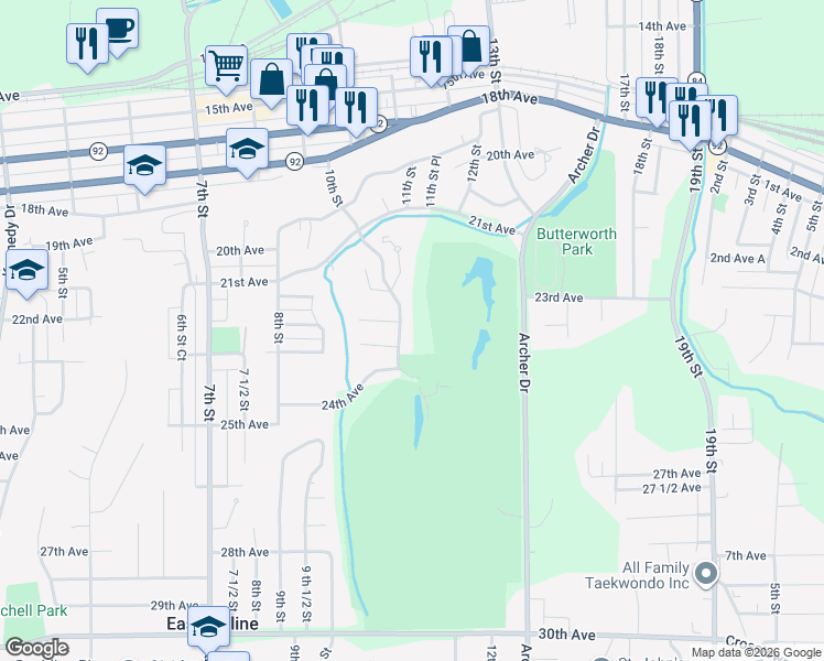 map of restaurants, bars, coffee shops, grocery stores, and more near 2208 10th Street in East Moline