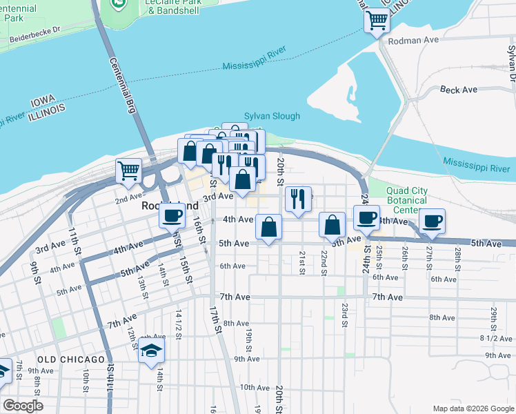 map of restaurants, bars, coffee shops, grocery stores, and more near 320 19th Street in Rock Island