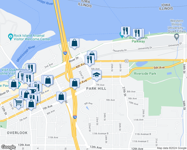 map of restaurants, bars, coffee shops, grocery stores, and more near 2303 6th Avenue in Moline