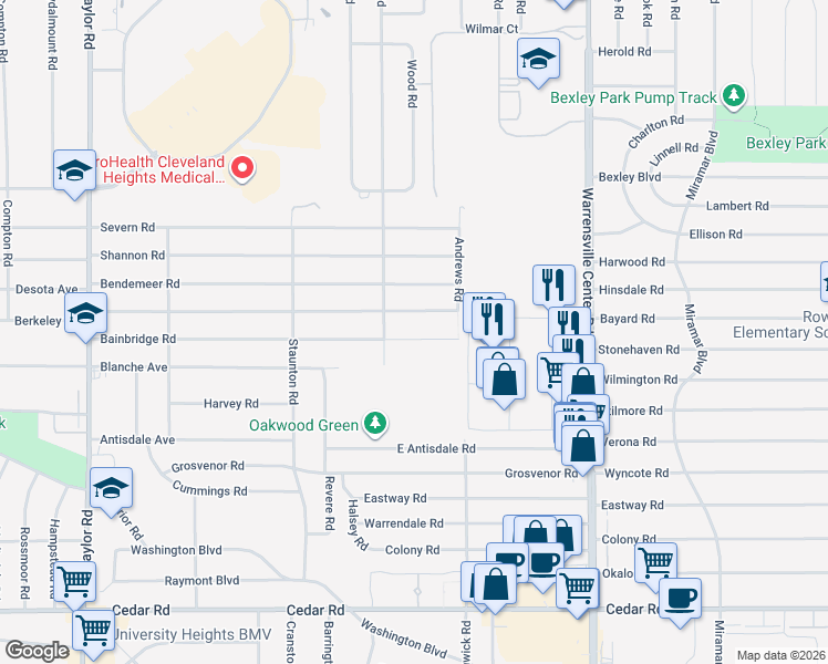 map of restaurants, bars, coffee shops, grocery stores, and more near 3805 Bainbridge Road in Cleveland Heights