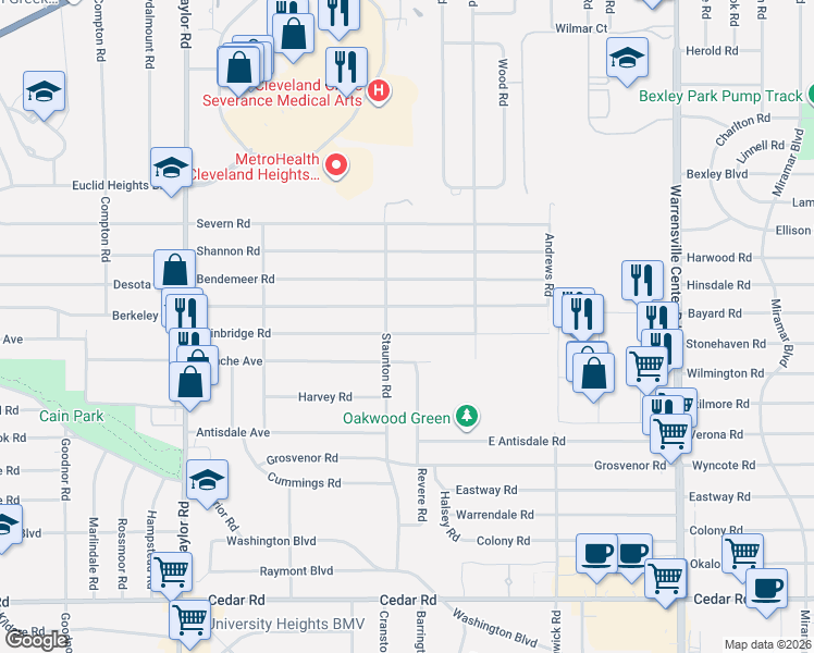 map of restaurants, bars, coffee shops, grocery stores, and more near 3699 Bainbridge Road in Cleveland Heights