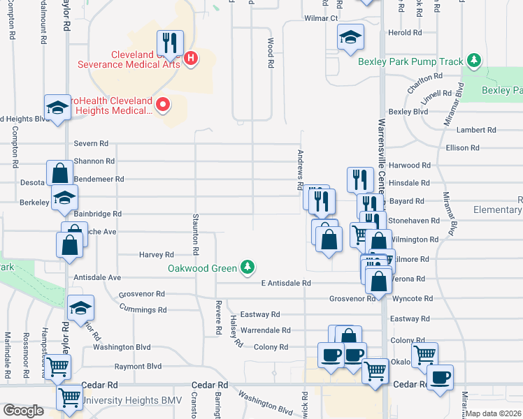 map of restaurants, bars, coffee shops, grocery stores, and more near 3769 Bainbridge Road in Cleveland Heights