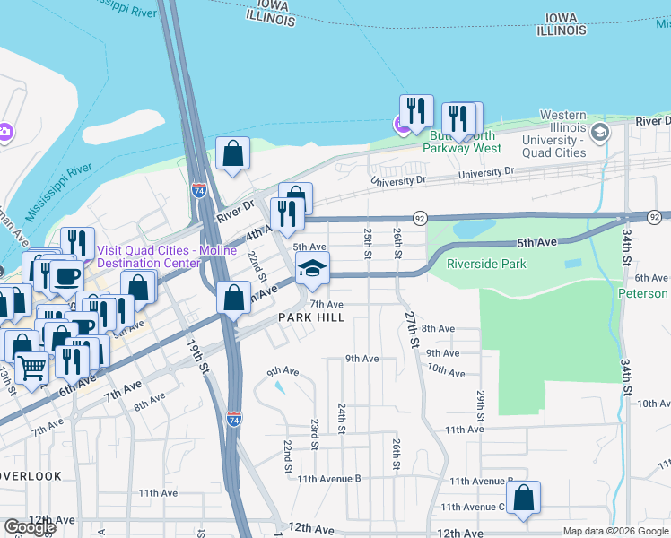 map of restaurants, bars, coffee shops, grocery stores, and more near 2317 6th St in Moline