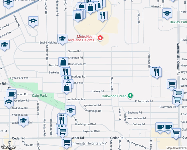 map of restaurants, bars, coffee shops, grocery stores, and more near 3607 Bainbridge Road in Cleveland Heights
